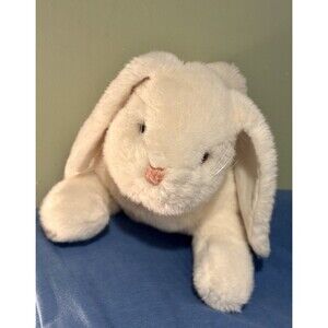 Vintage 1989 White Plush Dakin Stuffed Rabbit 14" Lying Bunny Pink Nose and Bow